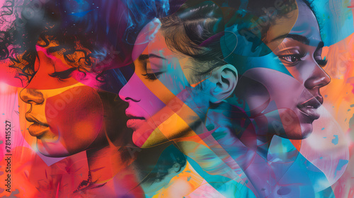 Collage surréaliste de portraits de femmes aux couleurs éclatantes