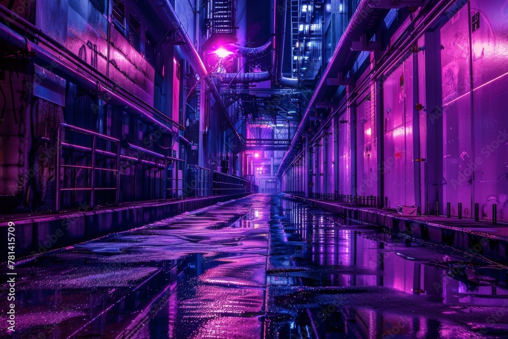 Neon Cyberpunk City, Urban Future Metaverse, Night Purple Street Texture Background, Copy Space
