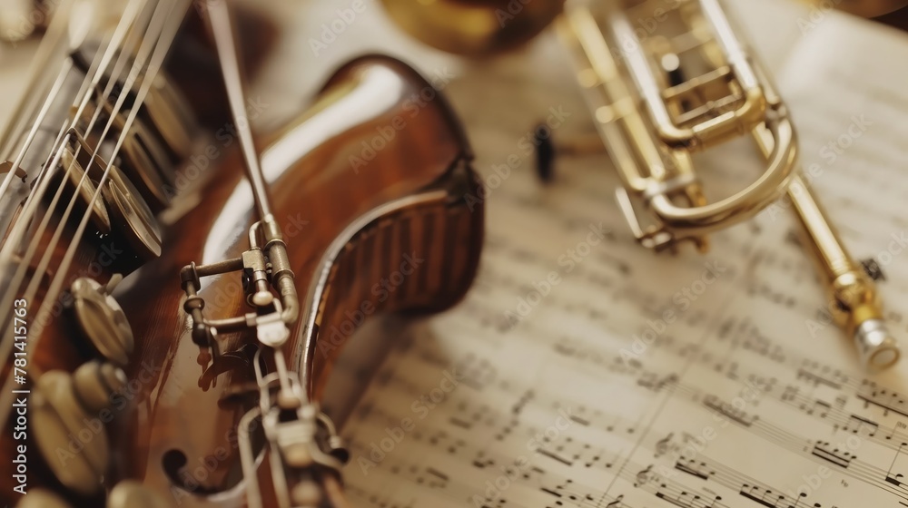 Fototapeta premium Various musical instruments lie on sheet music of a symphony