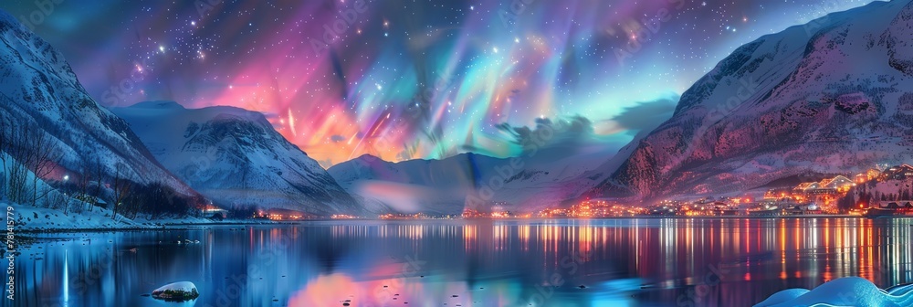 Northern Lights, Norway Winter Aurora Borealis Painting, Polar Lights, Copy Space - obrazy, fototapety, plakaty 