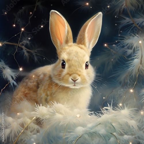 Fluffy Rabbit Adorned with Fish Scales in a Magical Moonlit Glade adorned with Fairy Lights and Snowflakes