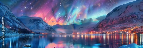 Northern Lights, Norway Winter Aurora Borealis Painting, Polar Lights, Copy Space photo