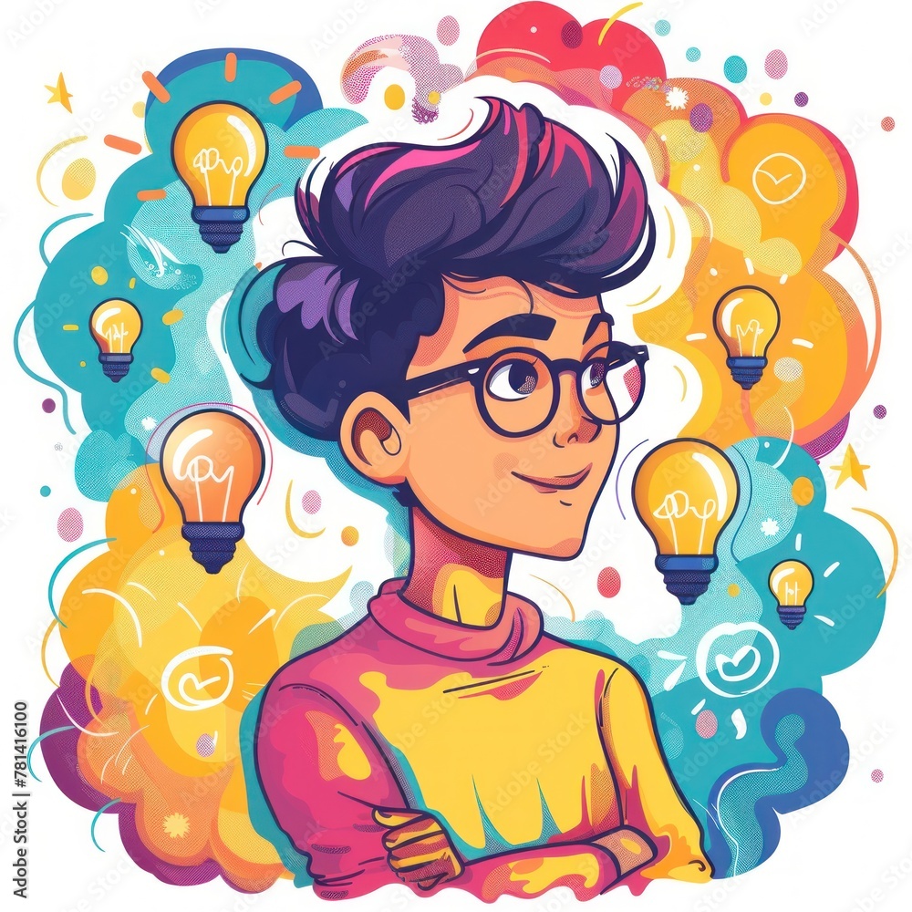 Naklejka premium A cartoon drawing of a man with glasses and a smile on his face