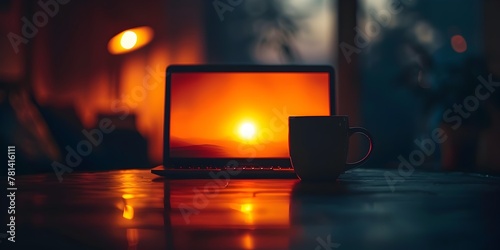 Laptop Screen Glowing in a Cozy Dark Room with a Cup of Coffee Signaling Late Night Hustle photo