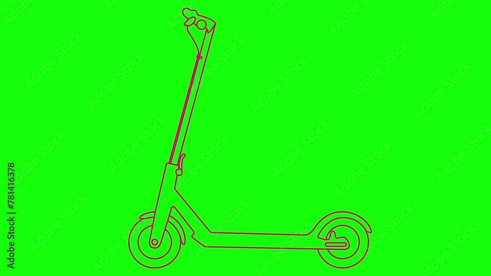 Animated linear magenta icon of electric kick scooter. Line pink symbol is drawn. Urban mobile youth transport. City transportation. Looped video. Vector illustration isolated on green background. Animated linear magenta icon of electric kick scooter. Line pink symbol is drawn. Urban mobile youth transport. City transportation. Looped video. Vector illustration isolated on green background.