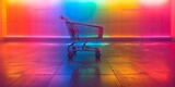 Solitary Shopping Cart Silhouette Against a Vibrant Neon Rainbow Capturing the Diversity and Modernity of the Contemporary Marketplace