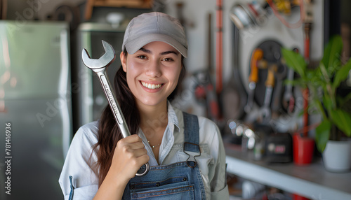 Female plumber with wrench showing thumb-up on grey background photo