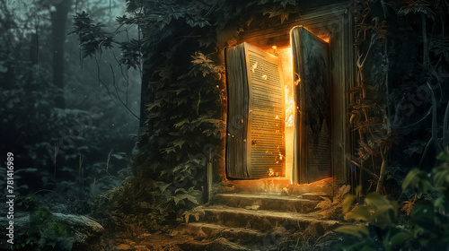 Mystical doorway in a forest with golden light, perfect for storybook illustrations or fantasy game backgrounds photo