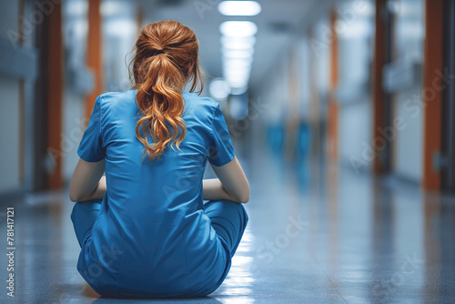 back of unhappy sad depressed female nurse woman doctor surgeon sitting in corridor of hospital clinic an unsuccessful operation photo