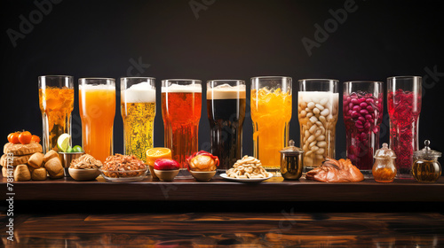 Variety of beer in glasses and snacks on the wooden counter in a pub. Beer tasting.