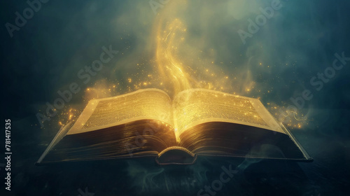 Mystical open book with golden glowing particles, perfect for educational inspiration, fantasy backgrounds or creative storytelling. photo