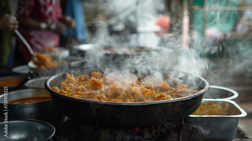 Street food vendor's pan sizzles with a savory meal, the steam rising amidst the bustle of a market.