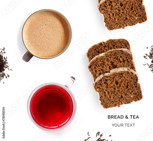 Creative layout made of bread, chai tea and Rooibos on white background. Flat lay. Food concept.  (ID: 781418354)