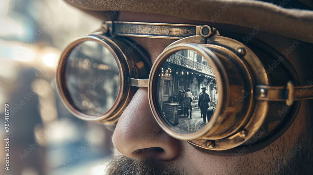 Vintage steampunk goggles on a man looking at a historical city street, perfect for thematic event promotions and period piece film productions