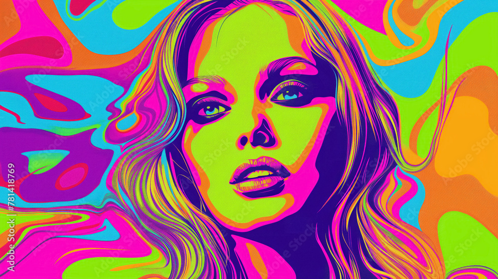 Vibrant, psychedelic portrait of a woman, featuring bright contrasting colors and a swirling abstract background.