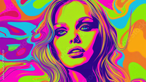 Vibrant  psychedelic portrait of a woman  featuring bright contrasting colors and a swirling abstract background.