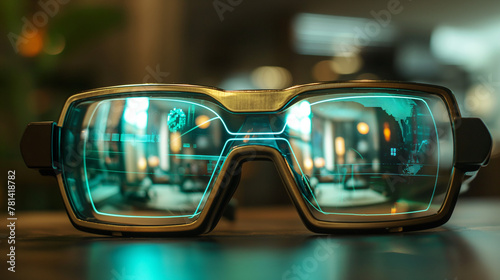 Futuristic smart glasses with digital HUD interface ideal for technology-themed visuals and next-gen augmented reality applications