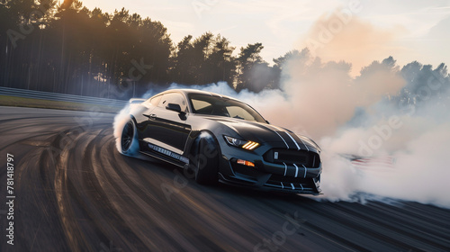 Performance Sports Car Drifting on Racetrack with Smoke photo