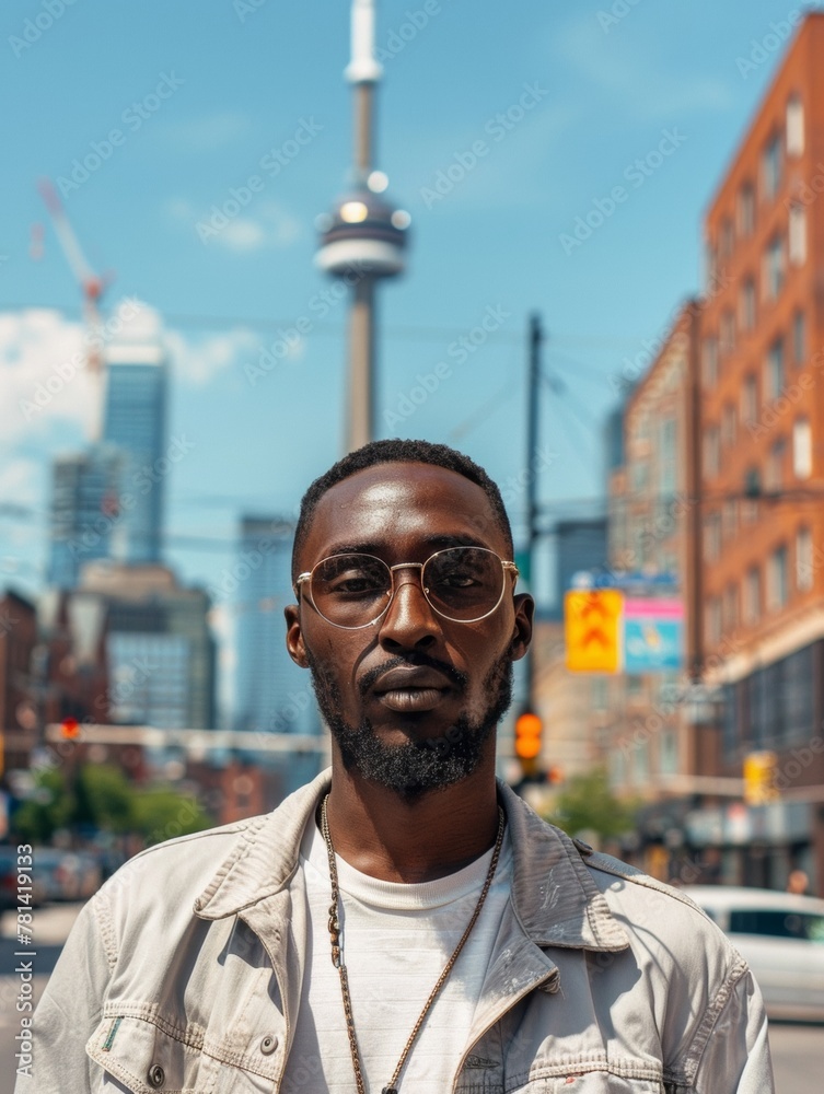 Urban Style: Young African American Man Posing in Cityscape with Skyscrapers in Daylight Urban Style: Young African American Man Posing in Cityscape with Skyscrapers in Daylight