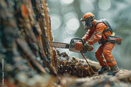 Focused lumberjack in safety gear using a chainsaw to cut through a tree, with sawdust flying around.. photo