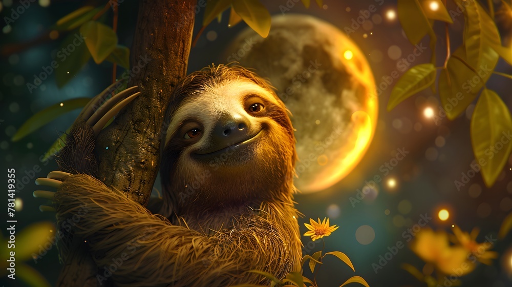 Fototapeta premium smiling sloth on the tree in the night time