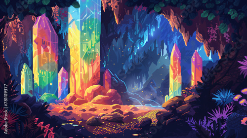 pixel art of rainbow crystal cave dungeon background battle scene in RPG old school retro 16 bits, 32 bits game style photo