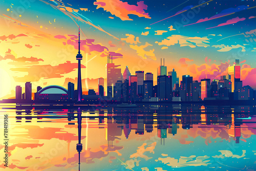Toronto city modern sunset skyline vector illustration