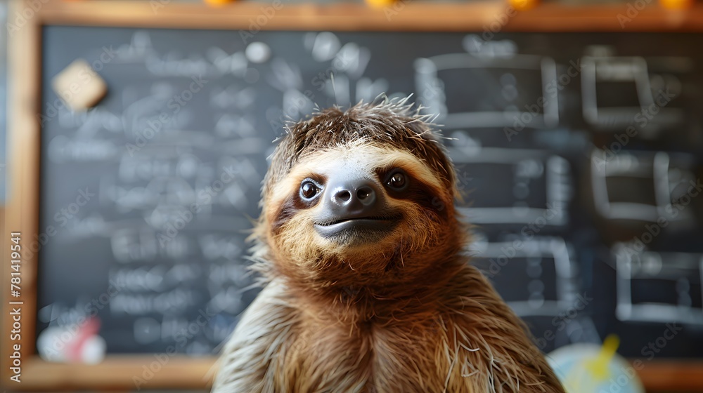 Fototapeta premium Close-up portrait of a sloth in front of classroom