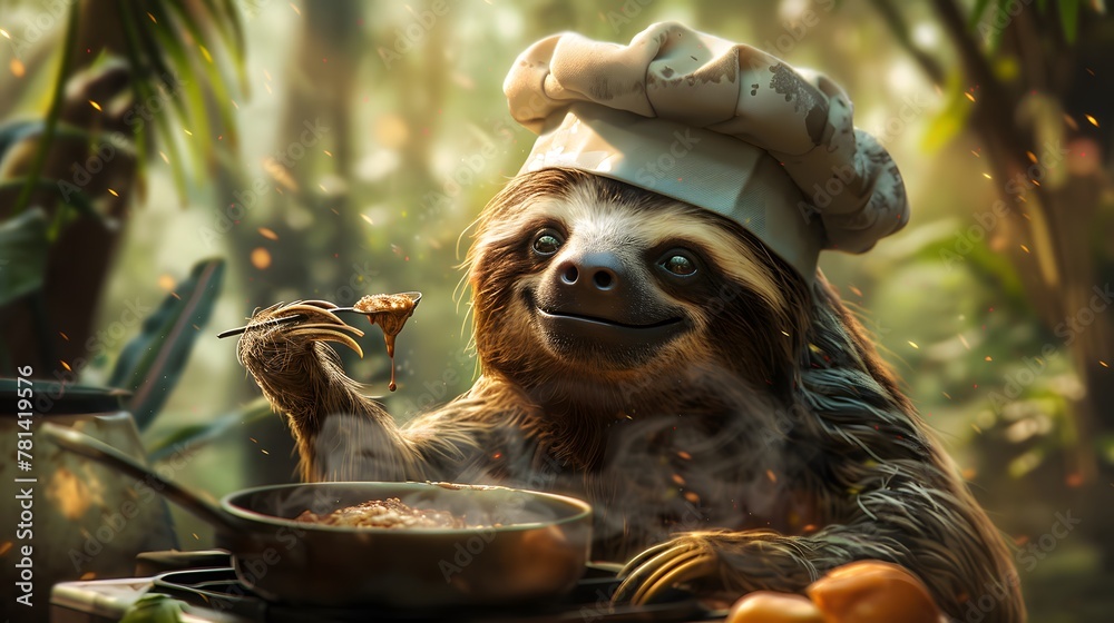 Fototapeta premium A furry rsloth gathers nuts in a park, while a shelled reptile grazes in a garden
