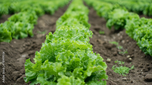 Lush green lettuce heads grow in neat rows on a farm, highlighting agricultural precision and freshness.