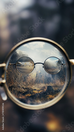 Vintage glasses focusing on a clear rural landscape, ideal for vision care advertisements and editorial pieces