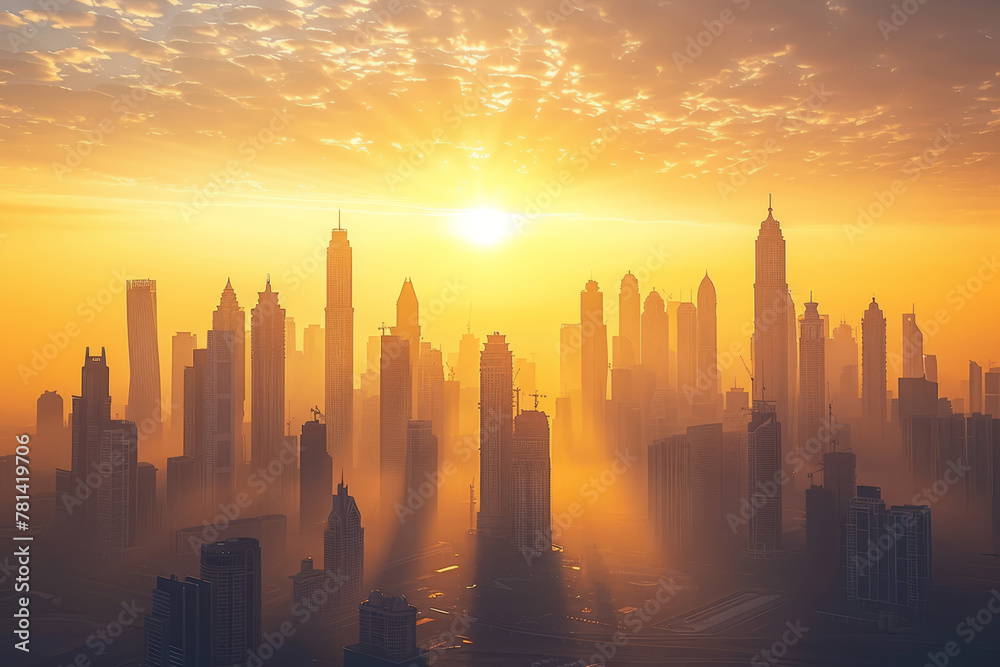 The sun emerges, bathing a silhouetted cityscape of towering skyscrapers in a warm, golden haze at sunrise..