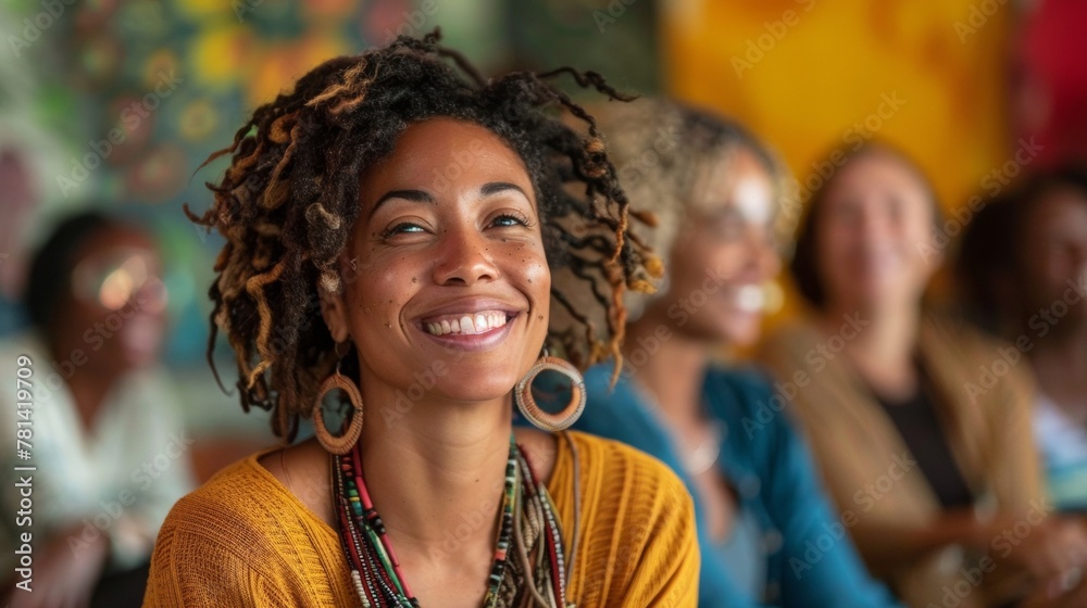 Radiant Young African-American Woman Smiling Among Friends at Gathering Radiant Young African-American Woman Smiling Among Friends at Gathering