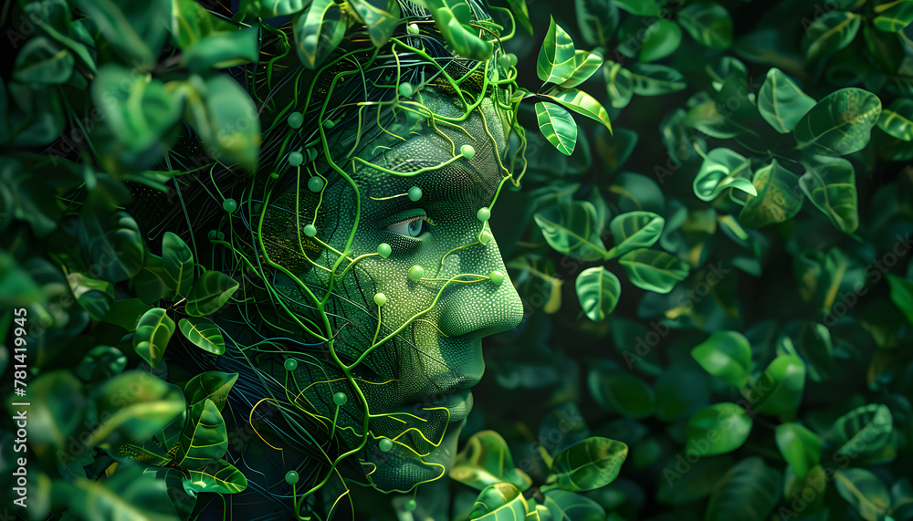 Fototapeta premium AI face profile. Artificial intelligence connected to nature.