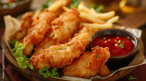 Golden crispy fried fish fillets served with french fries on a wooden platter, garnished with a sprig of parsley.