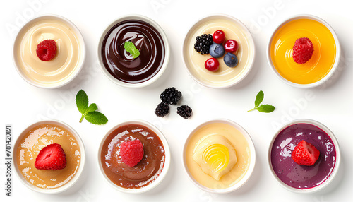 Set of tasty pudding isolated on white  top view