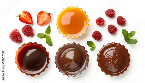 Set of tasty pudding isolated on white, top view photo