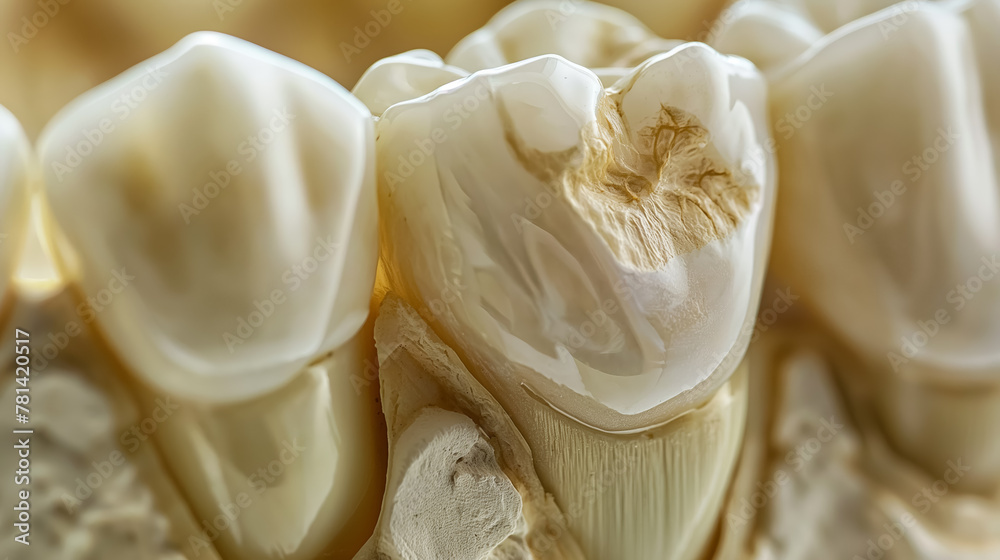 Detailed texture and the damaged surface of a molar tooth, model emphasizing dental health issues.