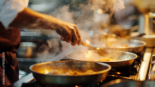 Chef's hand stirring a steaming pan in a bustling kitchen, showcasing the motion and heat of cooking.