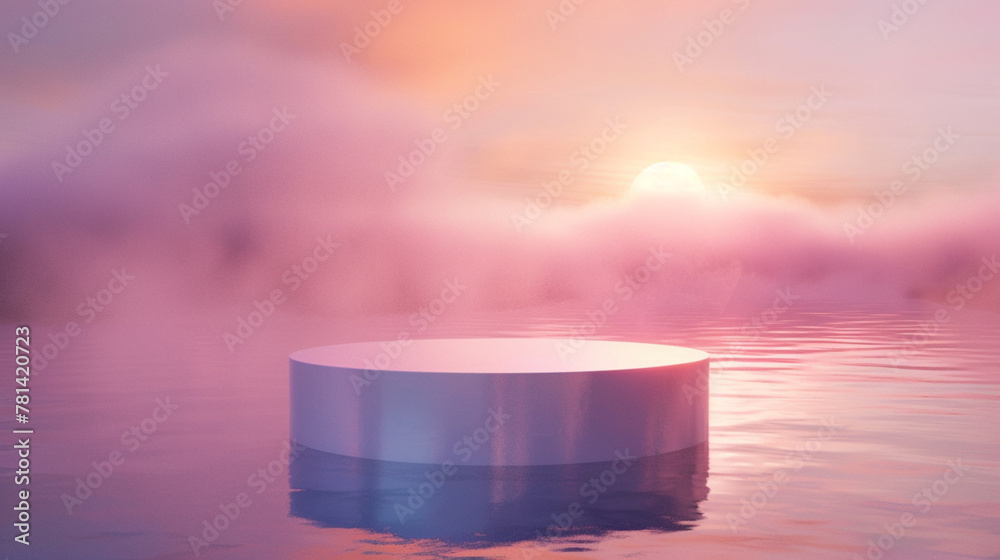 A podium for placing and advertising products. Podium in the form of a cylinder in the clouds against the sky. Pastel colors. A podium for placing and advertising products. Podium in the form of a cylinder in the clouds against the sky. Pastel colors.