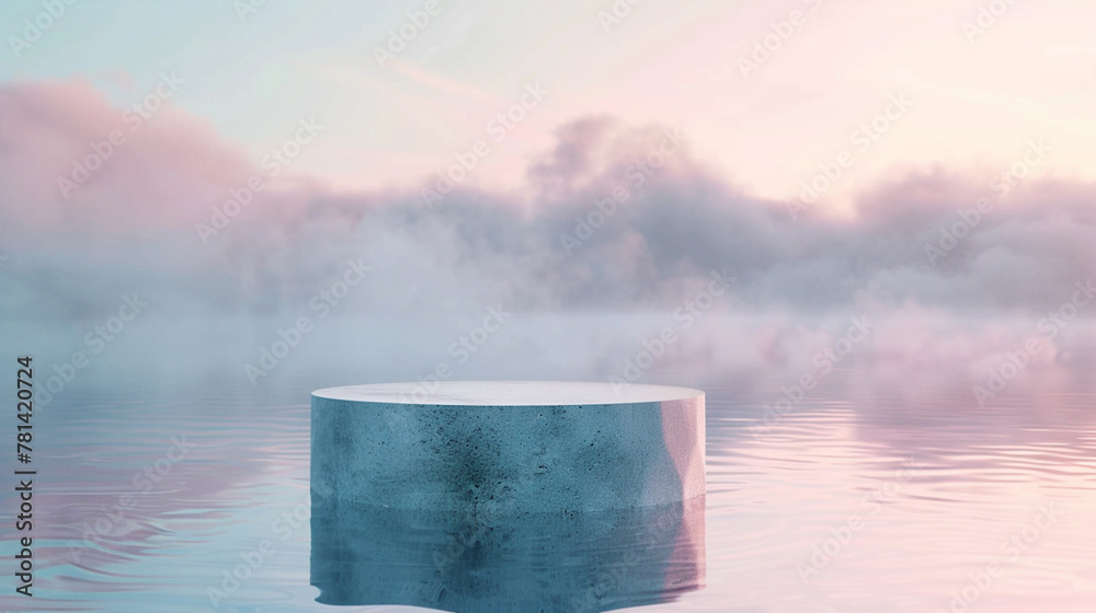 A podium for placing and advertising products. Podium in the form of a cylinder in the morning lake, fog. Pastel colors.