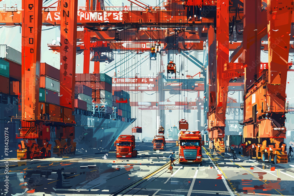 Naklejka premium A bustling container terminal showing the logistic activities of loading and unloading of cargo containers in a shipyard.