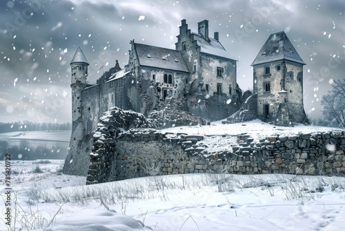 Abandoned Castle in Winter, Ancient Medieval Building, Fantasy Old Castle Ruins, Copy Space