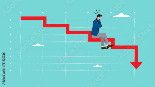losing money from investment, economic recession concept, loss of capital due to inflation, stock market go down or decline, depressed businessman sitting on red chart of bankruptcy