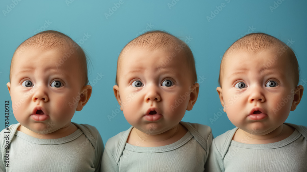 Triplets with matching surprised expressions, a humorous and adorable portrait of identical siblings reacting. Triplets with matching surprised expressions, a humorous and adorable portrait of identical siblings reacting.