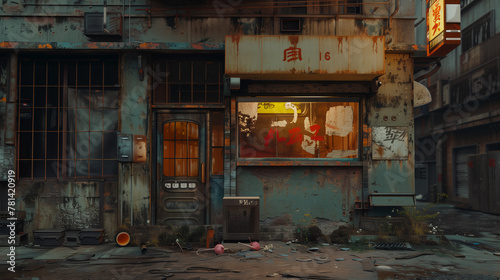 Rusty building facade with a vivid ramen shop window reflecting a lost glory