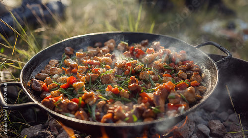 Delicious food sizzles in a pan over an open fire outdoors, the essence of rustic cooking and camping life.