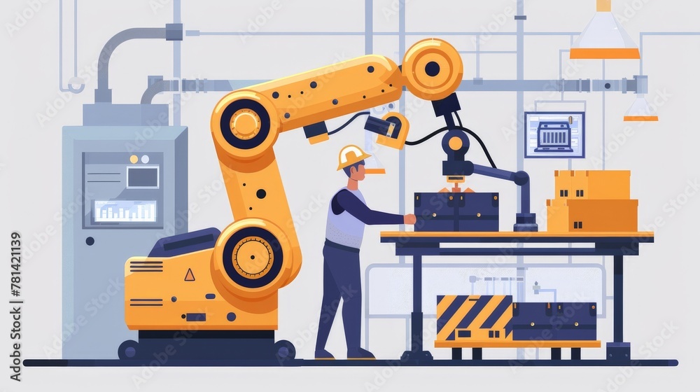 A worker monitoring the robotic arm. The worker is making sure that the arm is working properly and that the items are being placed correctly. The worker is also responsible for maintaining the robot A worker monitoring the robotic arm. The worker is making sure that the arm is working properly and that the items are being placed correctly. The worker is also responsible for maintaining the robot