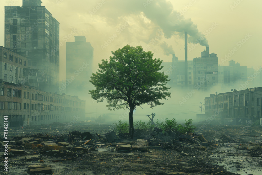 A single tree stands out in stark contrast to the dense industrial pollution and factory smokestacks surrounding it.