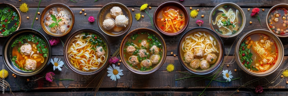 Soup Collection, Noodle, Meatballs and Chickpea Soups on a Rustic Background Top View, Various Broth